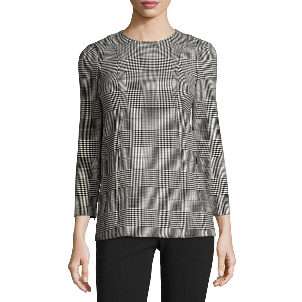 Theory Wool Lauret Portland Glen-Plaid 3/4 Sleeve Top In Black White Size 2